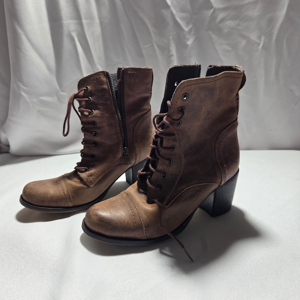 Steve Madden Brown Leather Lace Up Ankle Boots Side Zip Block‎ Heel Cap Toe 7.5